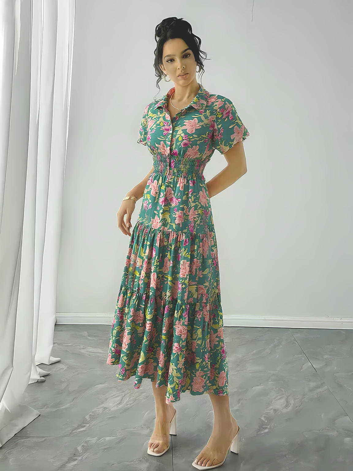 X951New Australian design positioning printing POL collar A-line temperament dress long skirt