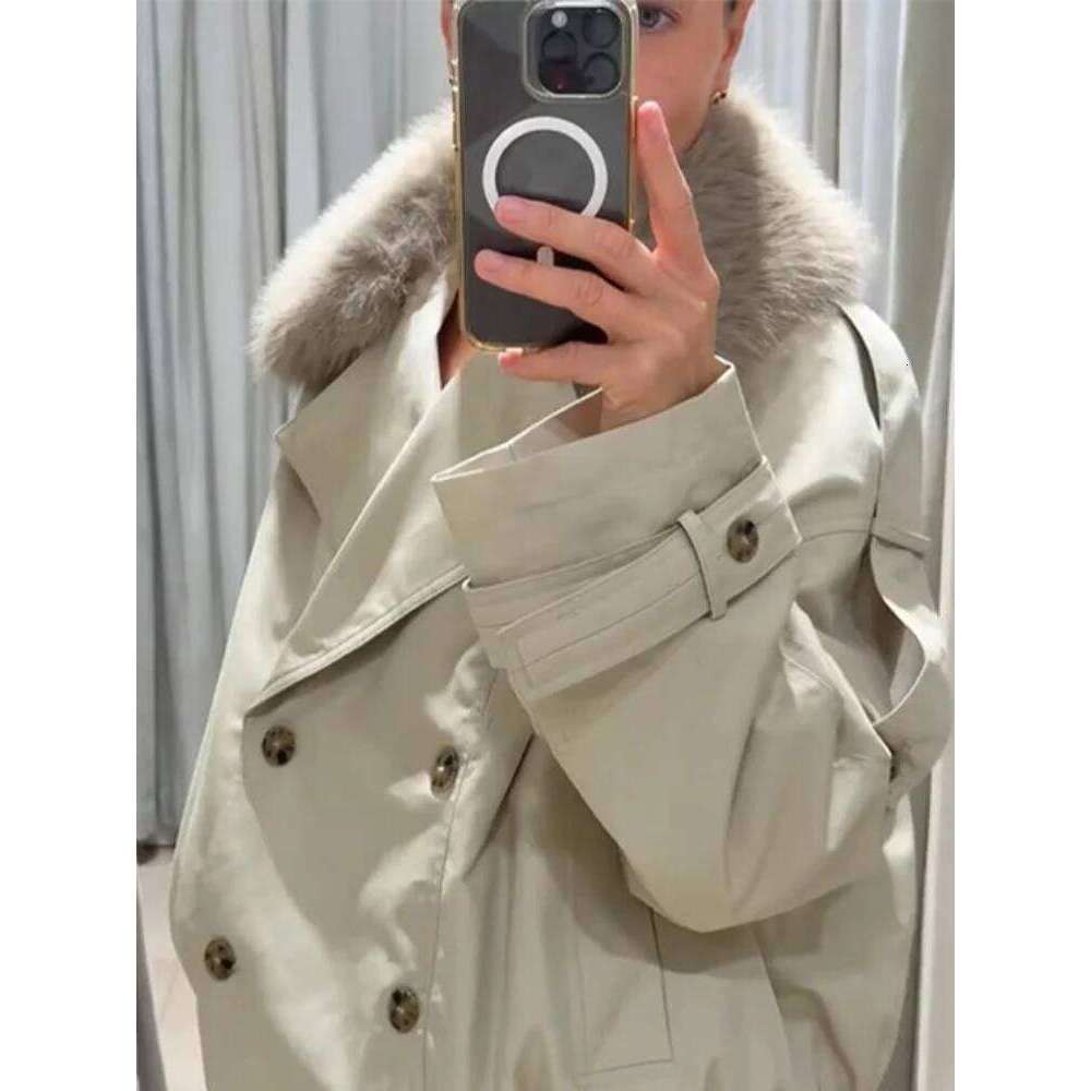 Women's Chic Double Breasted Cropped Trench Coat With Faux Fur Collar Fashion Long Sleeve Jacket Lady Autumn Winter Outerwear