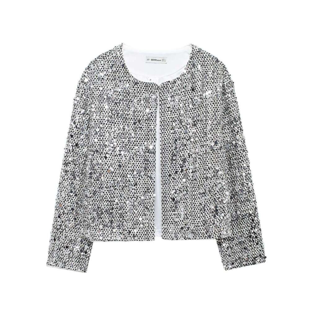 DHEssentials French Style Chic Personality Street Round Neck Tweed Short Sequin Jacket