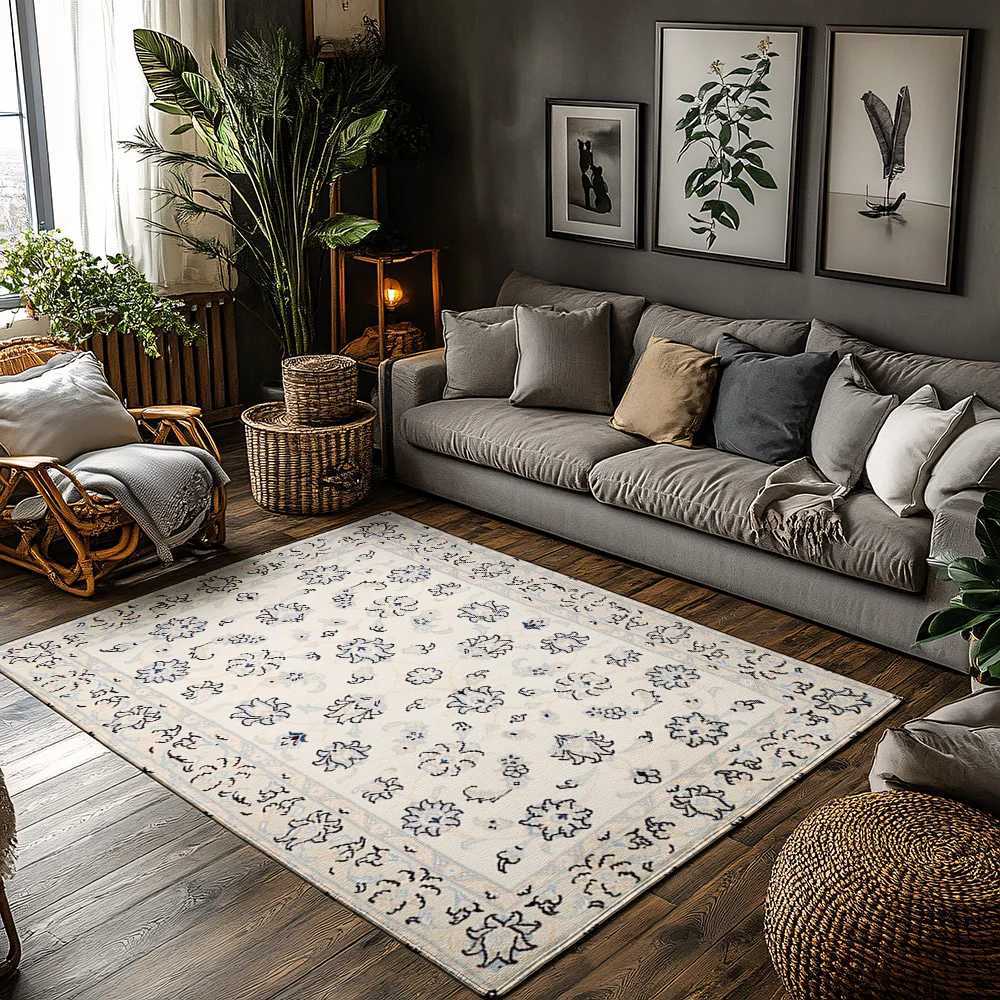 Vintage Bohemian Rug Black Beige Floral Design Runner Area Carpet for Living Room Decor NonSlip Shaggy Floor Mat 3ft x 5ft Hand C250912