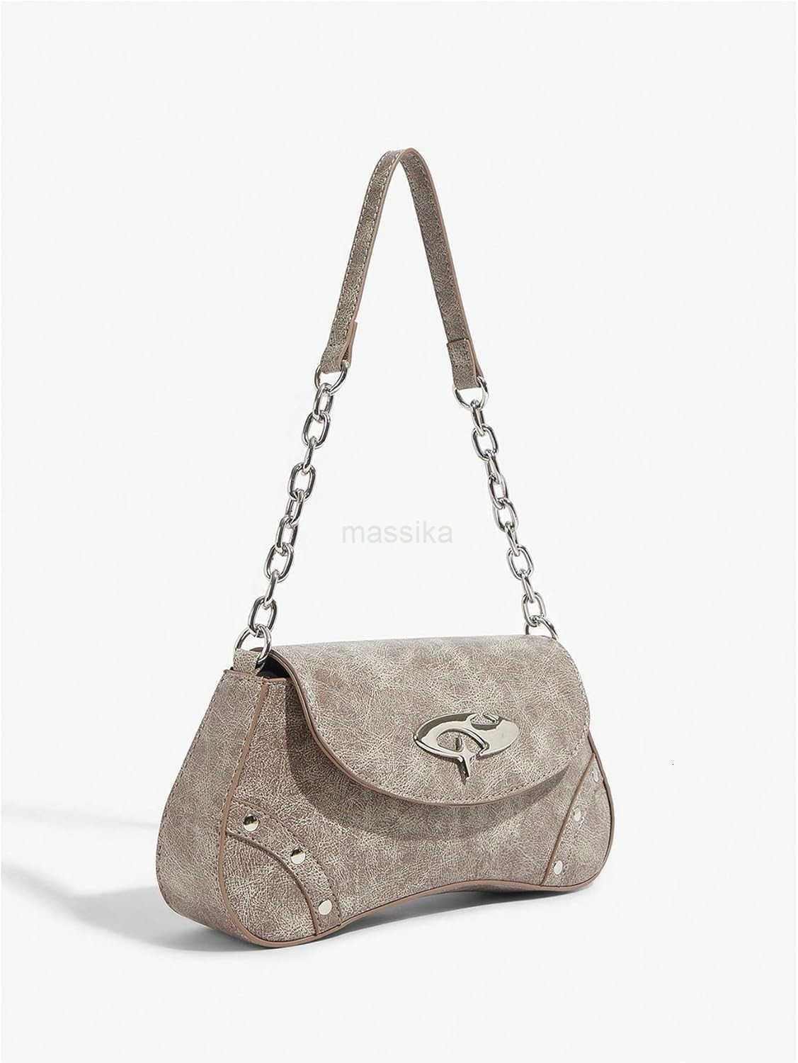 Womens Punk Studded Flap Leather Bags Chain Top Handle Underarm Shoulder Bag M250912