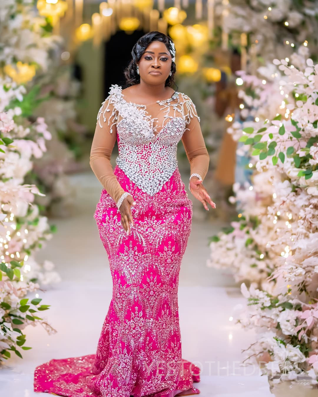 2025 Mermaid Aso Ebi Fuchsia Prom Dresses For Black Women Detachable Train Formal Gowns Beaded Lace Sheer Neck Flora Birthday Second Reception Gown AM