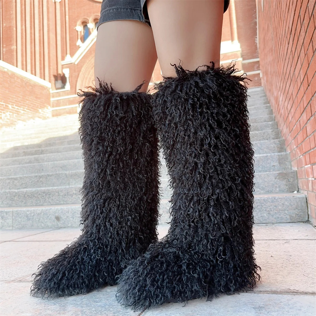 Winter Faux Fur Knee High Boots Women Wool High Tube Fur Snow Boots Fluffy Faux Mongolian Fur Platform Shoes Girls Boots 250911