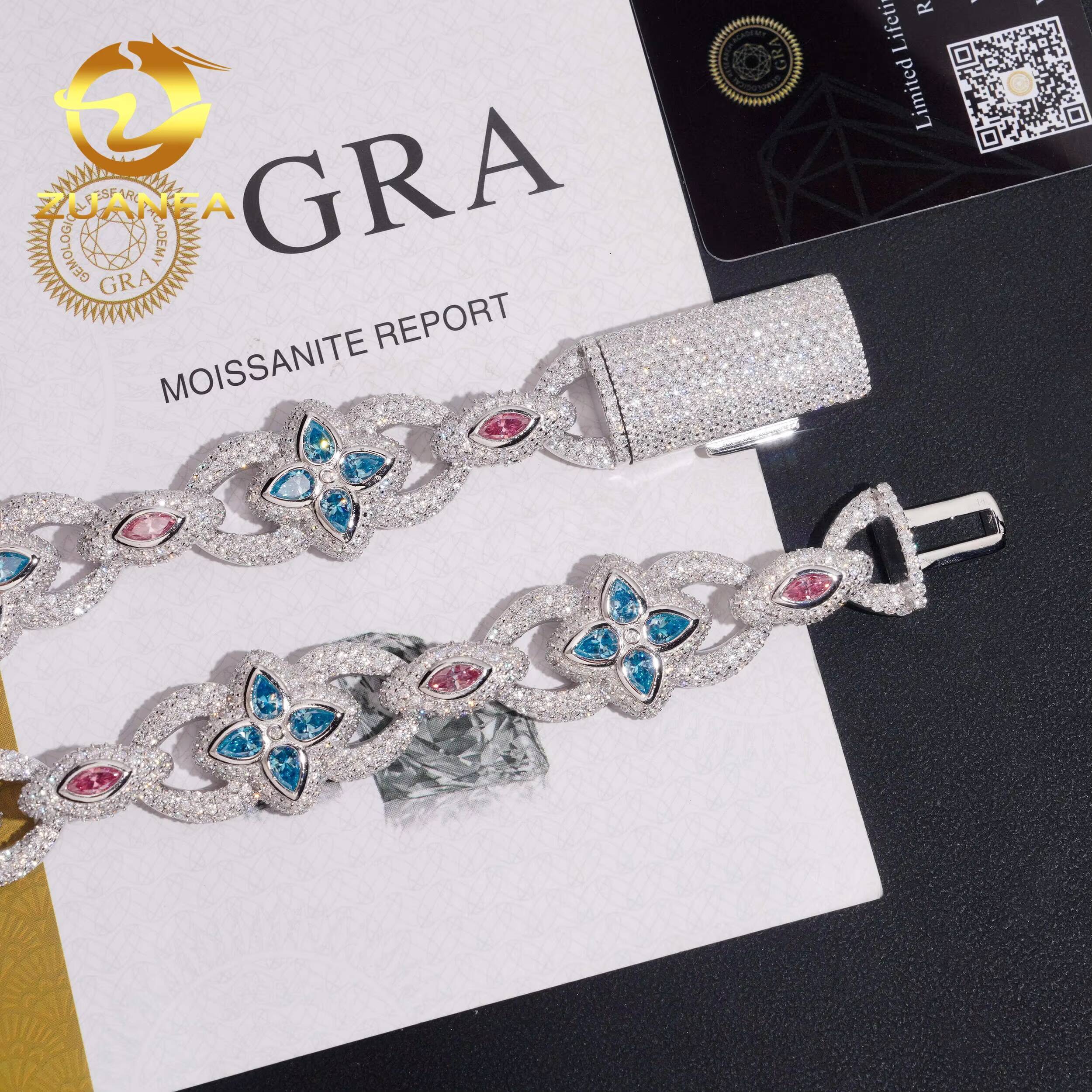 Fine Jewelry 925 Sterling Silver Iced Out Hip Hop 20mm Fancy Shape Color VVS Moissanite Link Chain Necklace