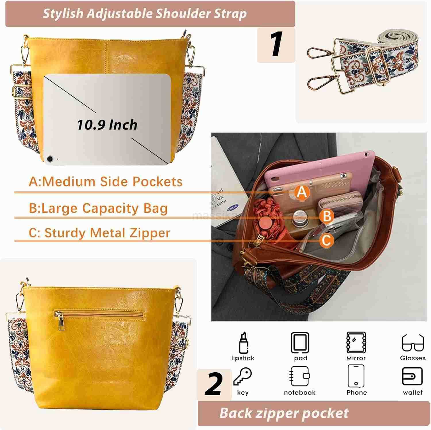 Hobo Bag Vegan Leather Crossbody Bag Guitar Strap Shoulder Purses with Zipper Handbags for Women M250913