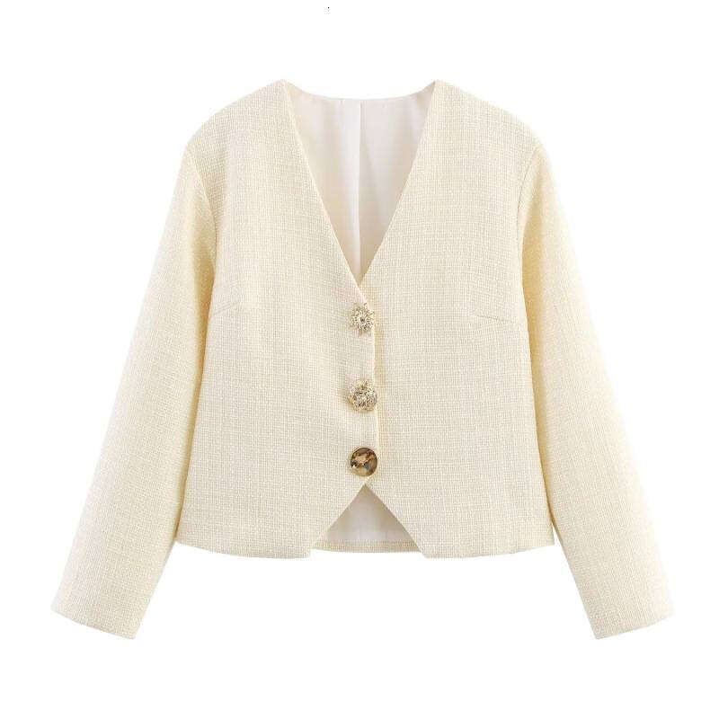 DHEssentials 2025 Autumn New Women's Clothing Irregular Button Decoration Little Chanel Style V-neck Jacket Short Top