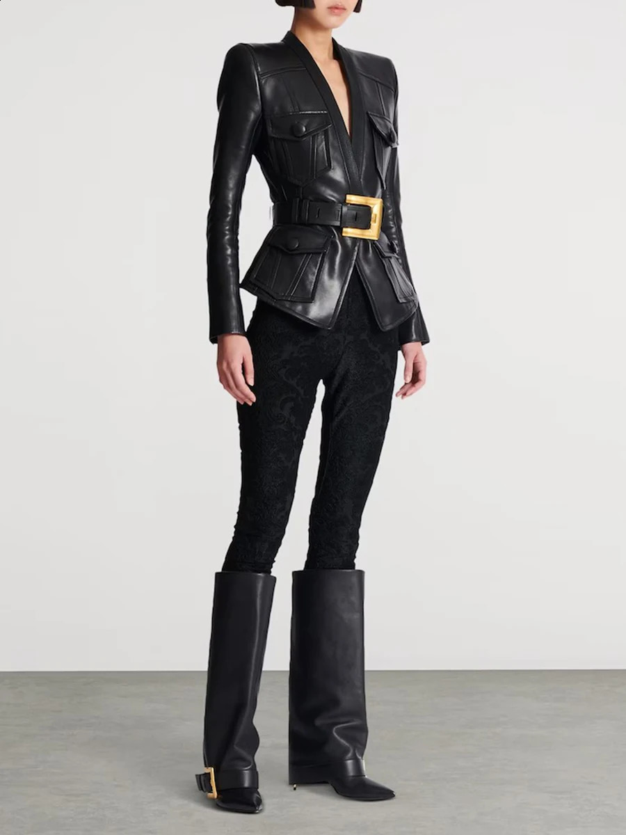 TWOTWINSTYLE Solid Slimming Spliced Pockets Temperament Jackets for Women V Neck Patchwork Button Fashion Jacket Female Clothing 250910