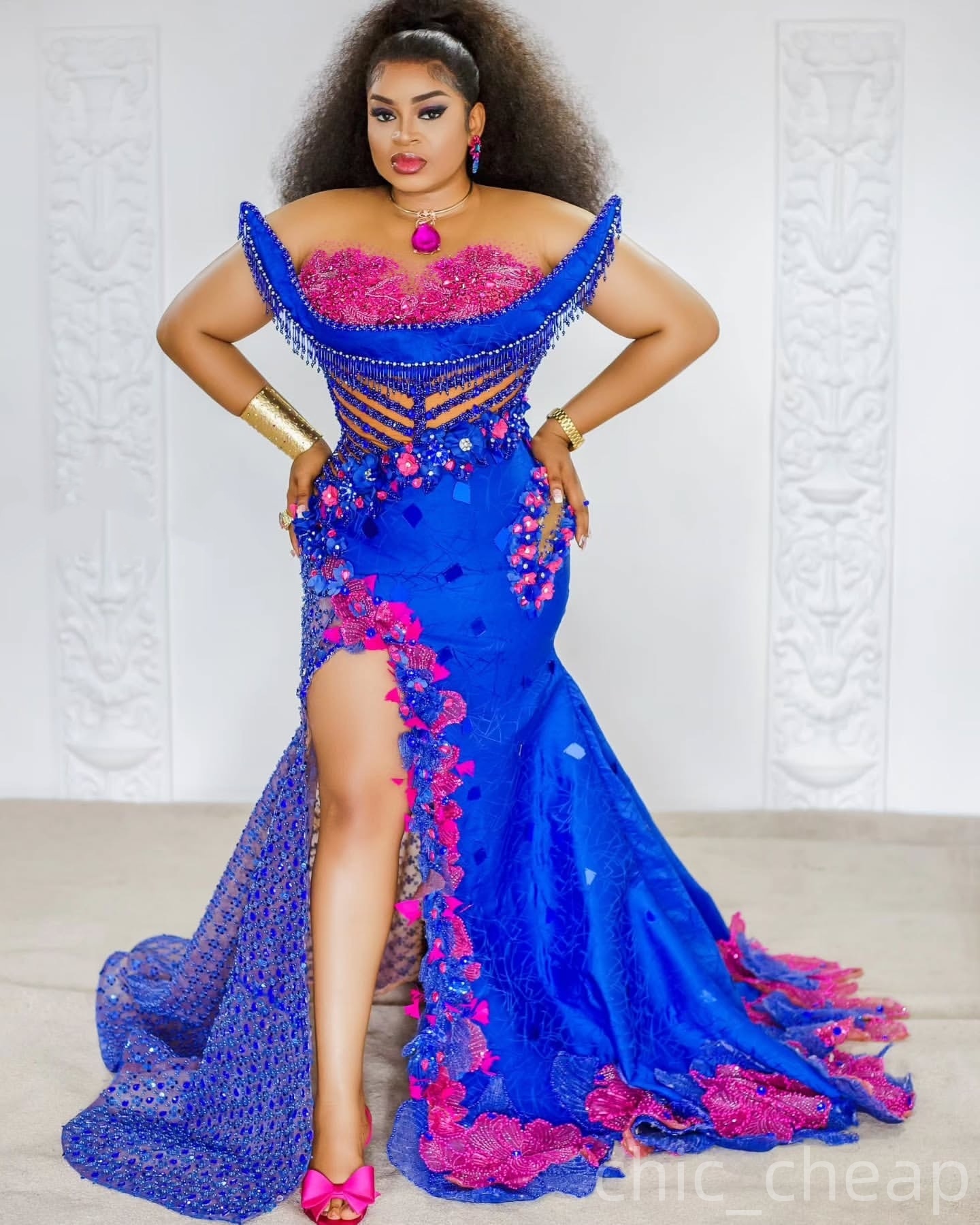 Aso Ebi Royal Blue Mermaid Prom Dresses 2025 Flowers Crystals Tassels Evening Formal Party Second Birthday Engagement Gowns Plus Size Dress For Specia