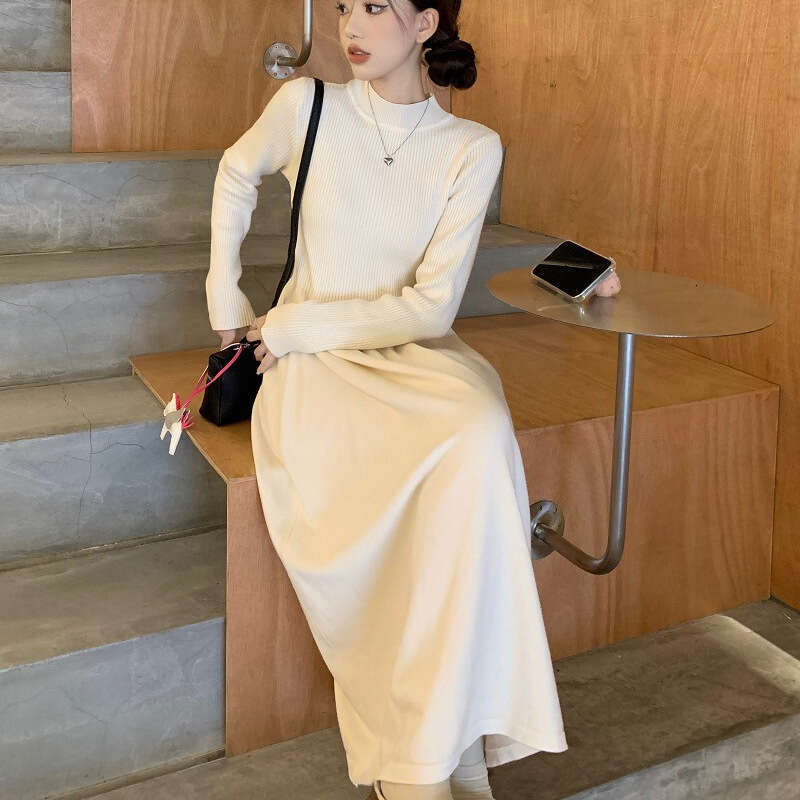 DHEssentials Autumn Winter New French Small Fragrance Color-Block Elegant Long-Sleeve Coat Women Gentle Style Apricot Dress Two-Piece Set