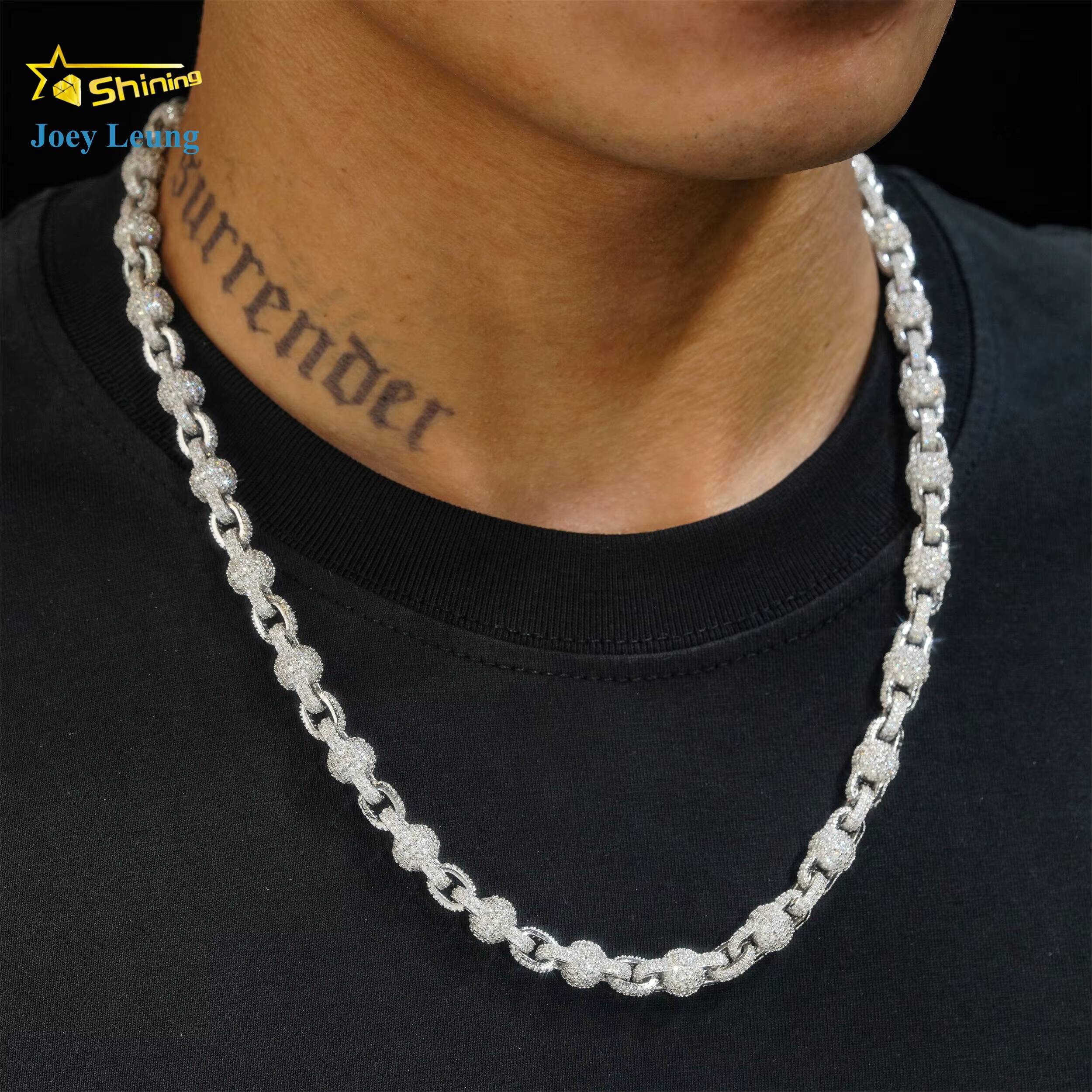 925 Silver Gold Plated 8MM Iced Out Necklace VVS D Color Moissanie Cuban Link Chain Hip Hop Jewelry Necklace Rosary Ball Chain