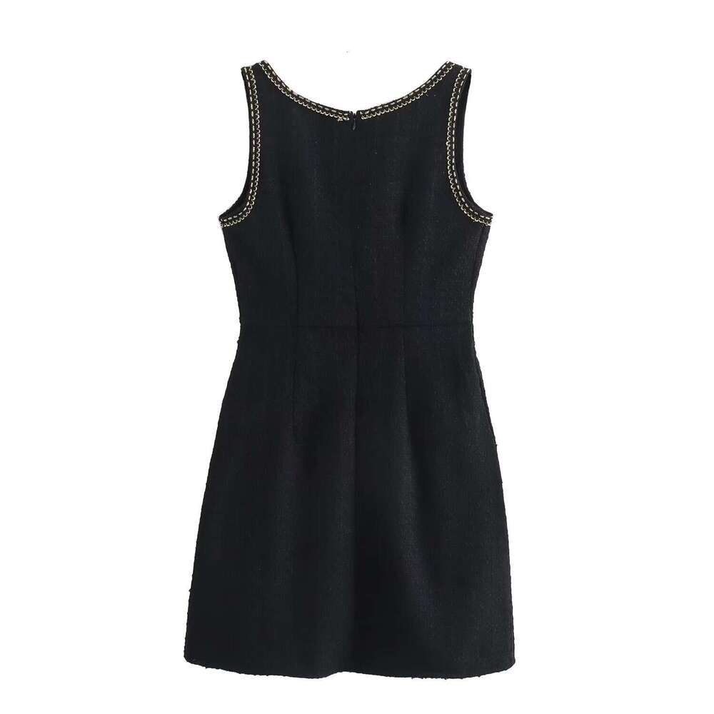DHEssentials New Summer Fashion Small Fragrance Style Low Neck Sleeveless Single-Breasted Black Dress for Women