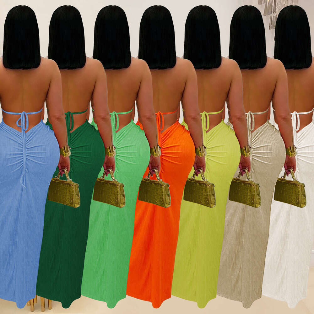 Cross-border European and American Fashion Design Women Sexy Knitted Halter Backless Solid Color Dress