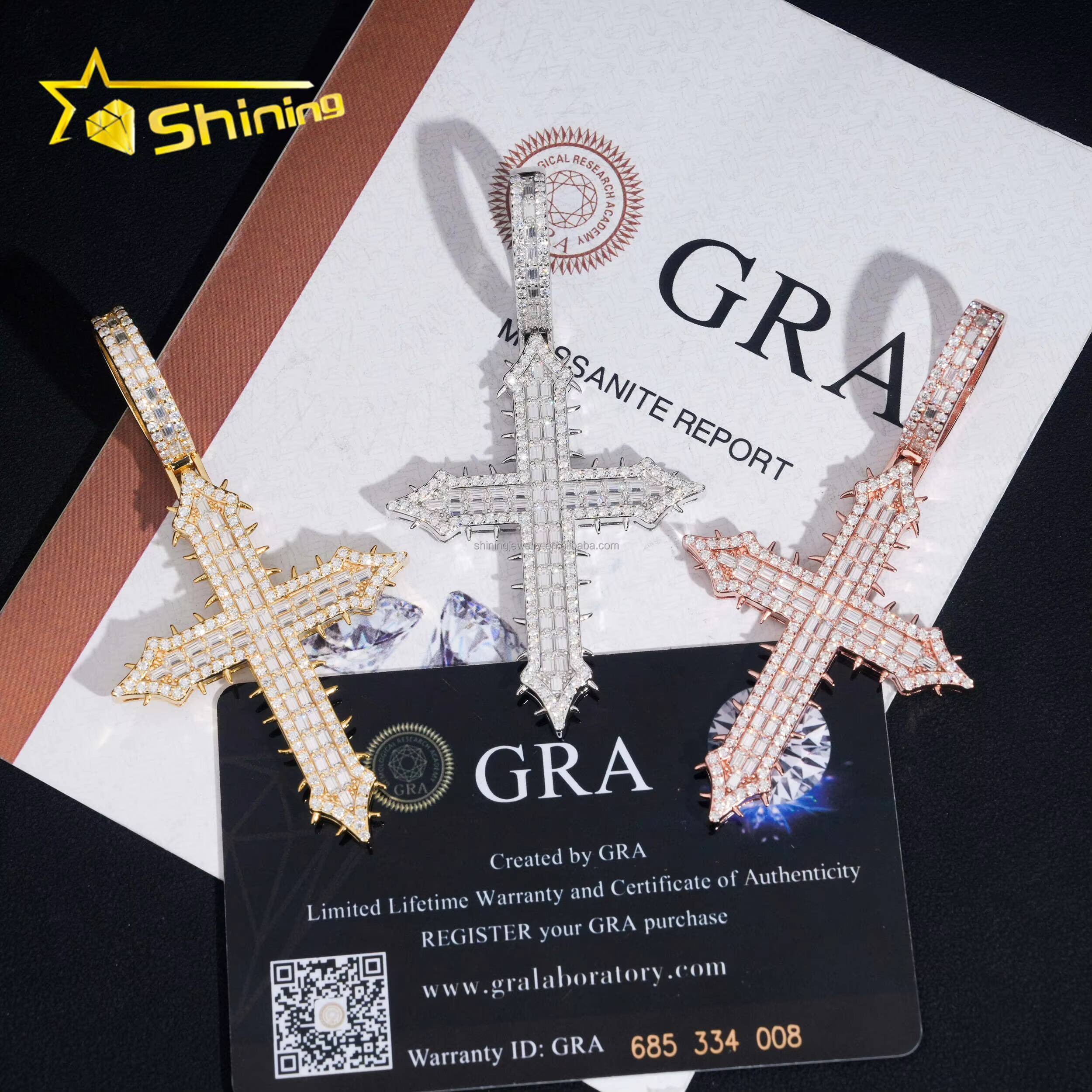 New Arrivals Bulk Stock Hip Hop Stylish Rapper Jewelry VVS1 Moissanite Diamond S925 Silver Iced Out Man Thorn Cross Pendant