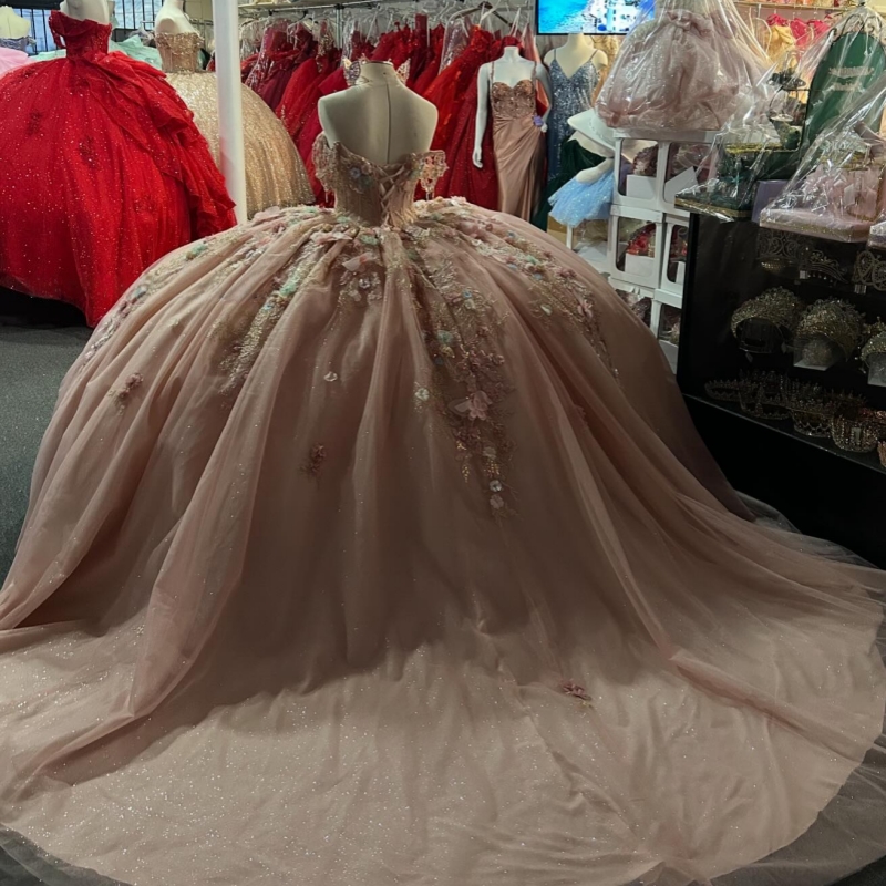 Pink Ball Gown Quinceanera Dresses Off The Shoulder Applique Flower Beads Tull Party Birthday Sweet 16 Dress Vestidos 15 De Anos