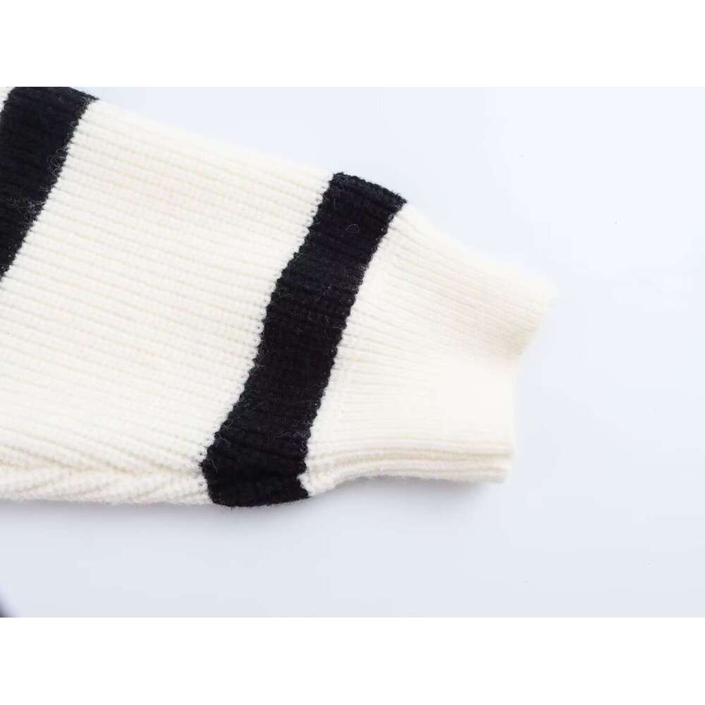 DHEssentials 2025 Autumn New French Style Chunky Knit Polo Square Neck Striped Pullover Sweater