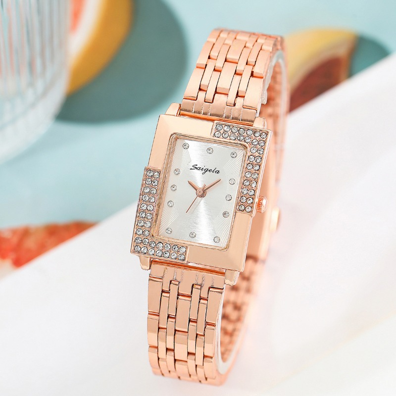 Luxury Female Timepiece: Sparkling Square Case & Dazzling Bezel Design