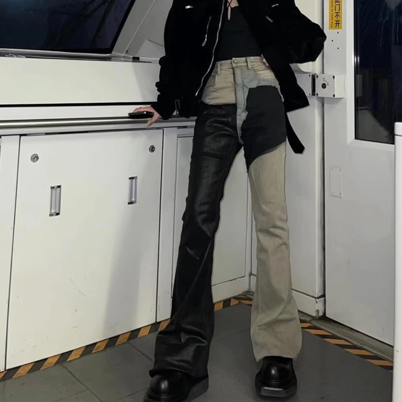 MIJKO RO Style Ribbons Patchwork Gradient Stacked Wax Pants Unisex Straight Streetwear Baggy Y2K Flare Jeans Loose Cargos