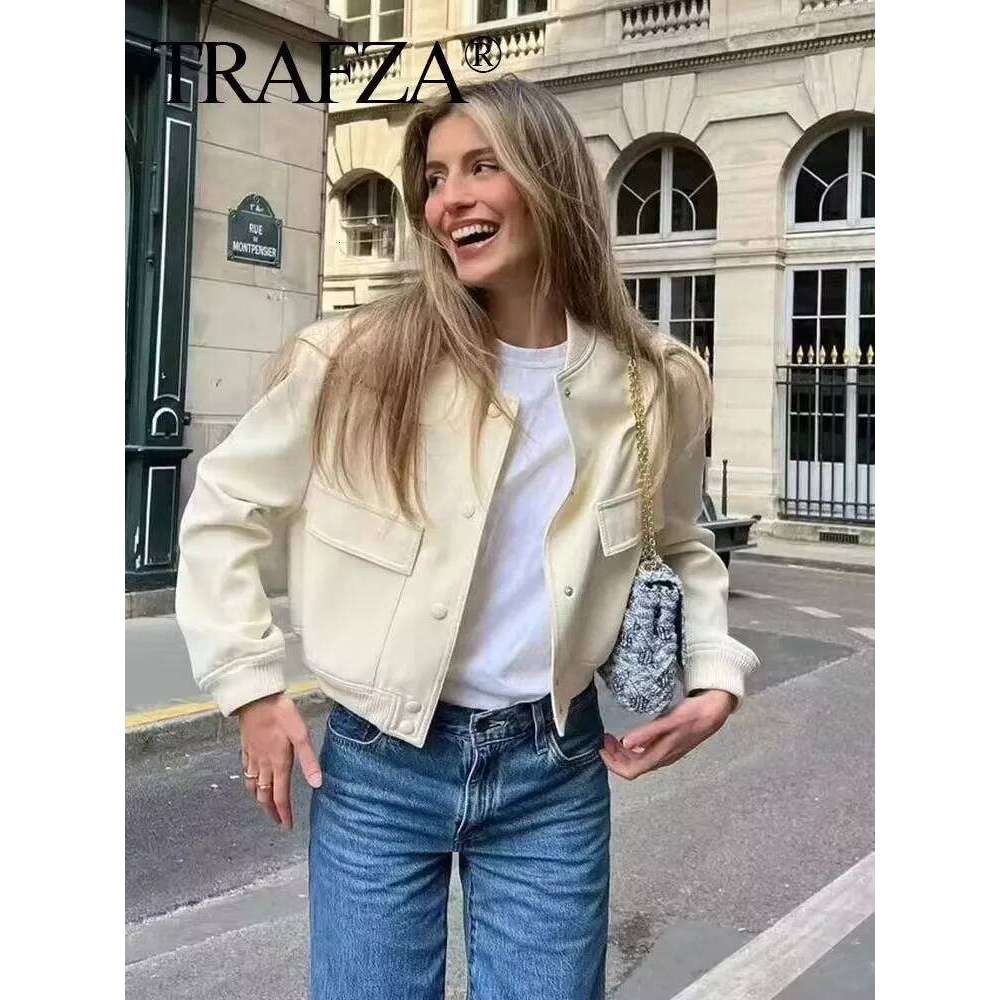 TRAFZA Women Elegant White Coat Long Sleeve Button Bomber Jacket Fashion Woman Casual Solid Office Lady Y2k Outerwear