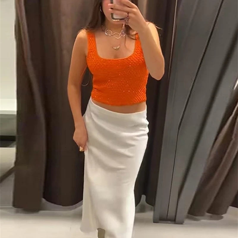 Orange Bright Silk Knitted Vest Cardigans Women Sleeveless U Neck Cropped Tank One Button Short Sleeve Cardigans Lady Sets 250911