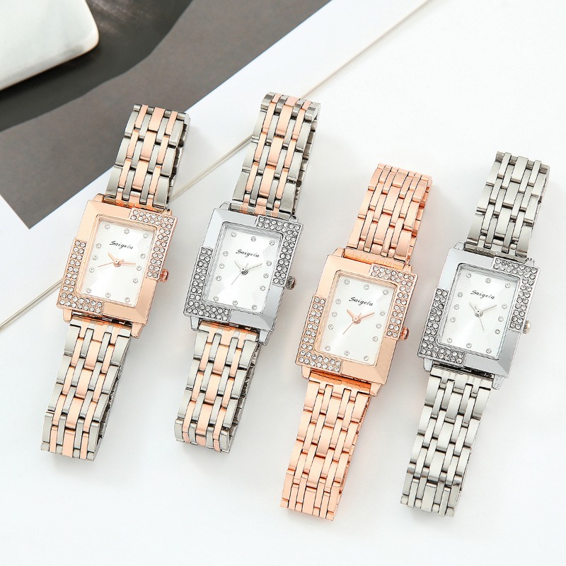 Luxury Female Timepiece: Sparkling Square Case & Dazzling Bezel Design