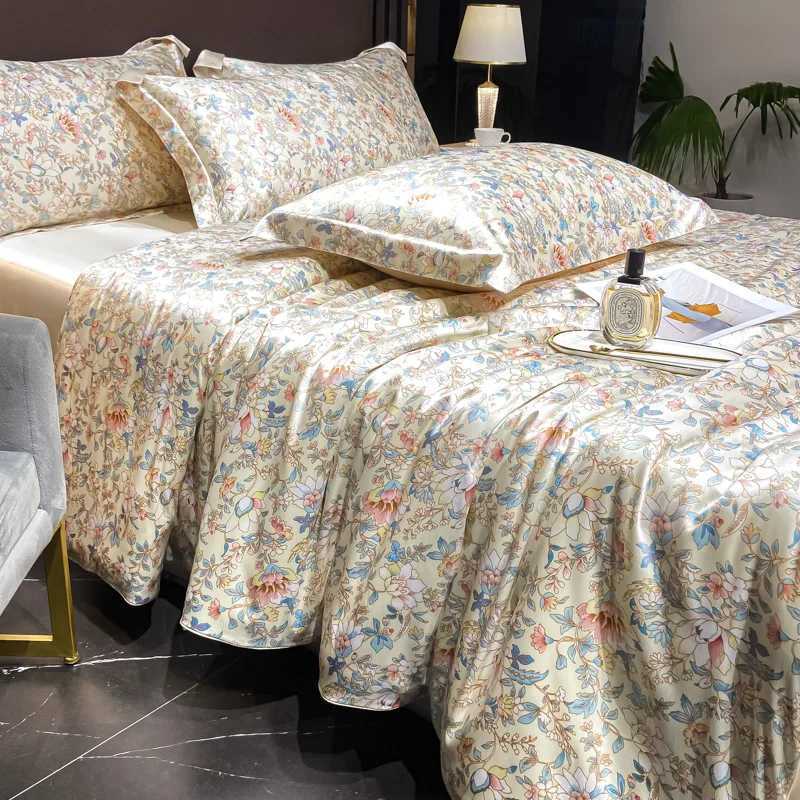 Luxury Floral Silk Bedding Set with Duvet Cover Fitted Flat Bed Sheet Pillowcase Silky Smooth Bed Sheet Sets Twin Full Queen C250912