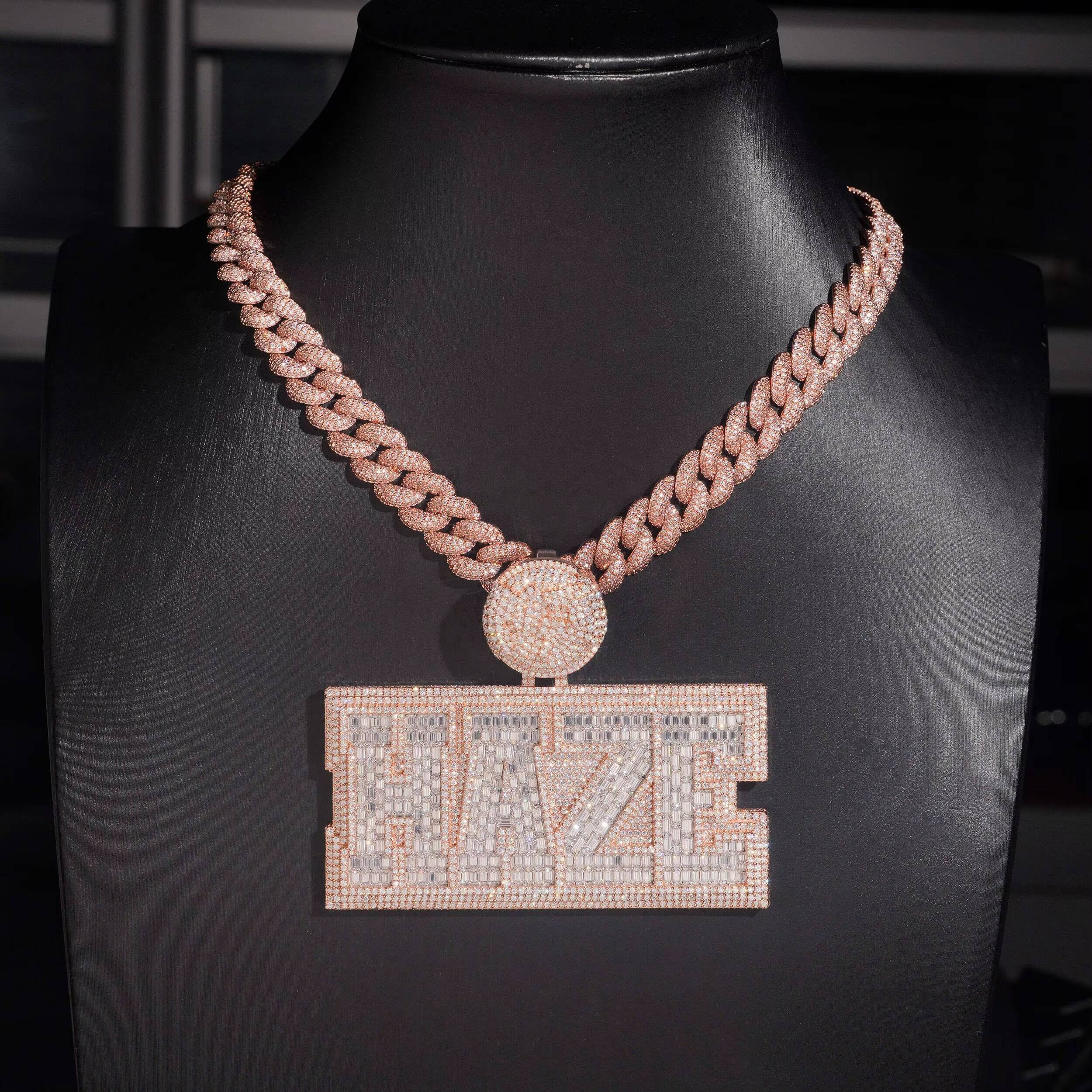 Rose Gold VVS Moissanite Diamond Baguette Name Pendant With Memory Photo on Back