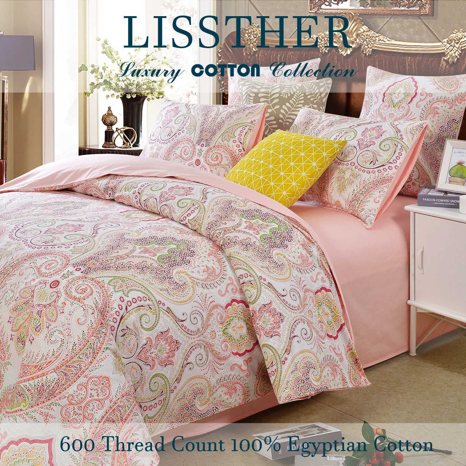 3pcs 600TC 100 Egyptian Cotton Duvet Cover Set Boho Pink Paisley Print Soft Breathable SkinFriendly No Inserts C250912