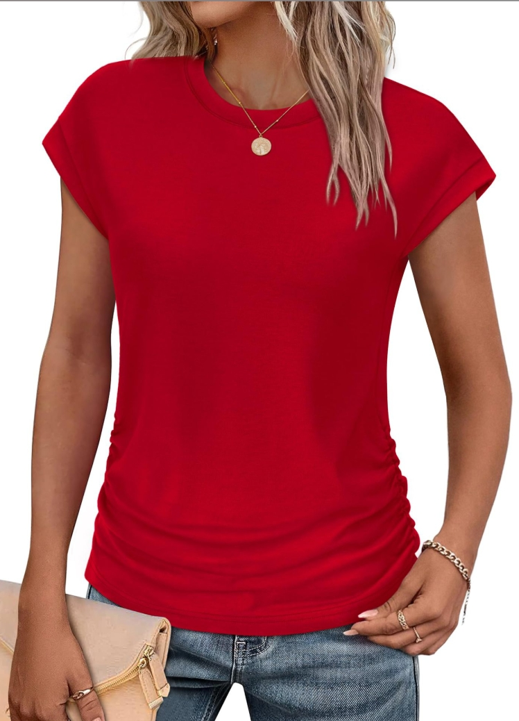 Fashionable Solid-Color Crew Neck Short-Sleeve T-Shirt with Waistline Detail