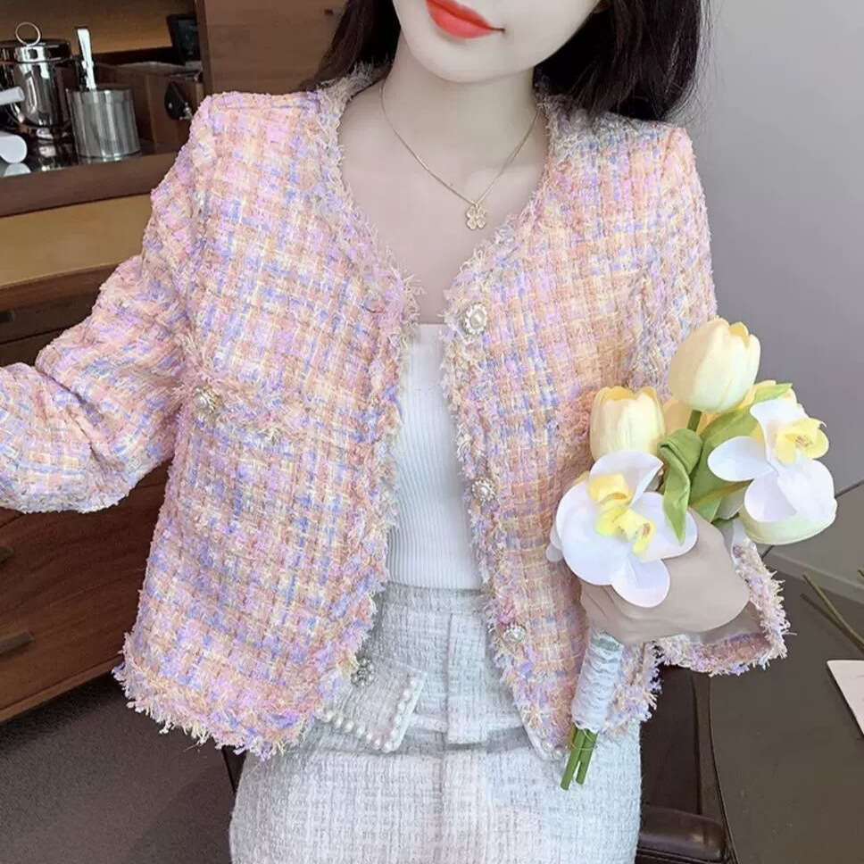 DHEssentials Spring Summer New Elegant Socialite Little Chanel Style Coat for Women Pink Tweed Frayed Edge High-end Small Short Top