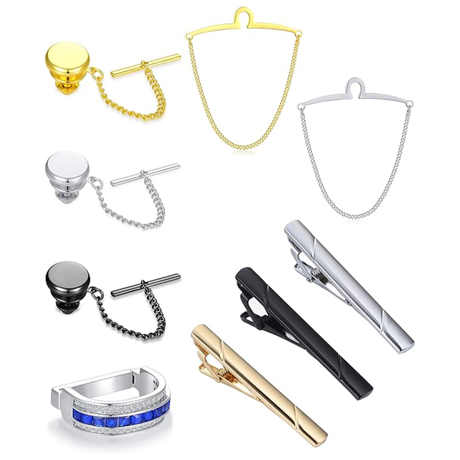 9Pcs Tie Clips for Men Square CZ Tie Tacks Clutch with Chain Necktie Silver Black Gold Tie Clips Link Chain for Wedding Meeting Business Anniversary T