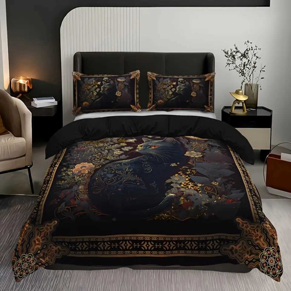3pcs Bedding Set Gothic Black Cat Allan Poe Style Cozy Duvet Cover Set King Queen Twin Single Size Birthday Gift Bedroom Decor C250912
