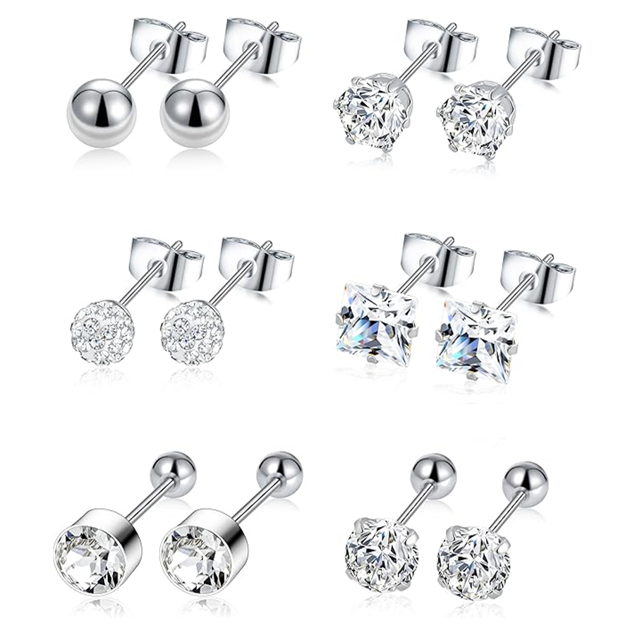 6 Pairs Stainless Steel Stud Earrings CZ Ball Earring Set For Men Women 6MM Silver Tone