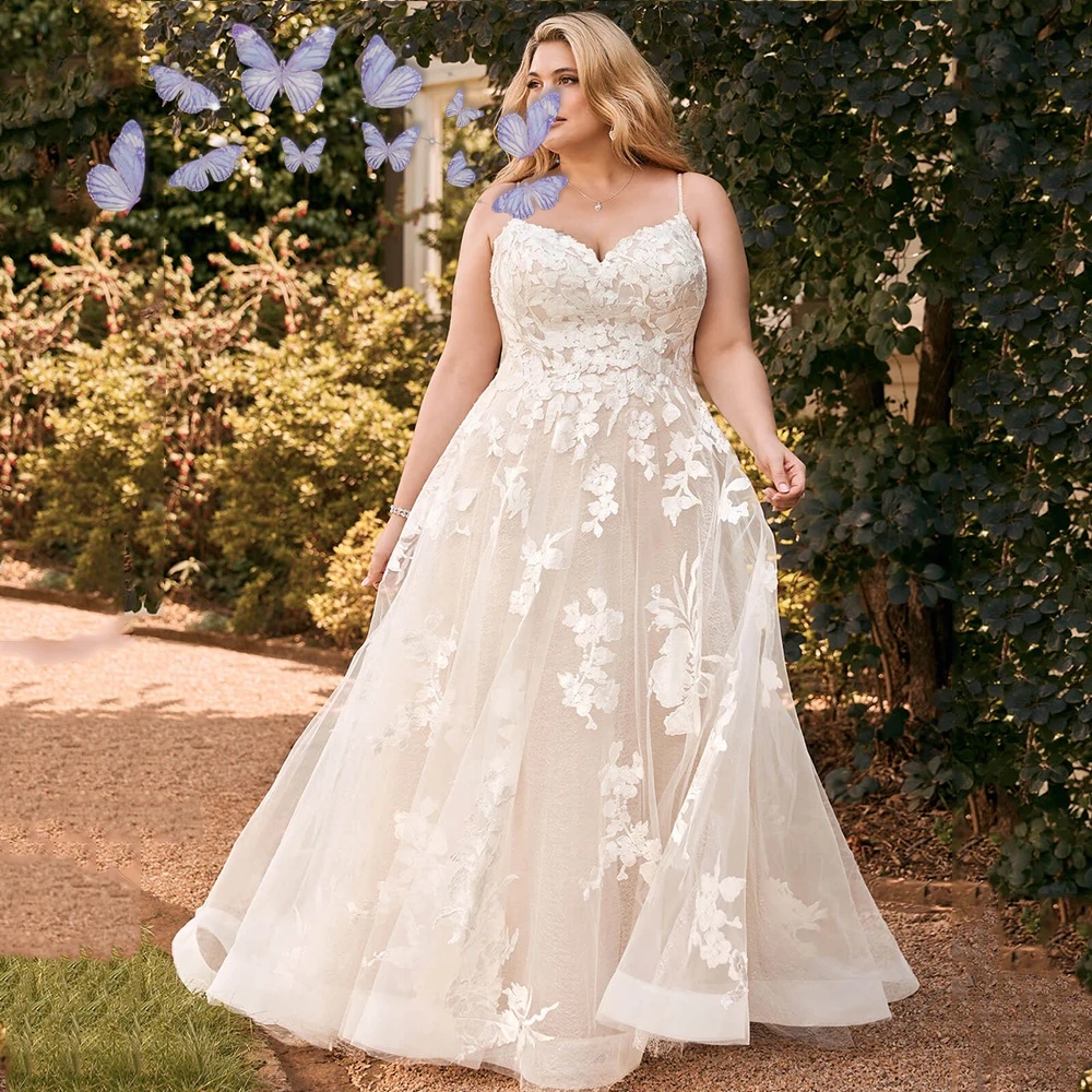 Princess Floral Wedding Dresses For Woman Spaghetti Straps Backless Bridal Gown Applique A-Line Elegant Vestido De Noiva Plus Size