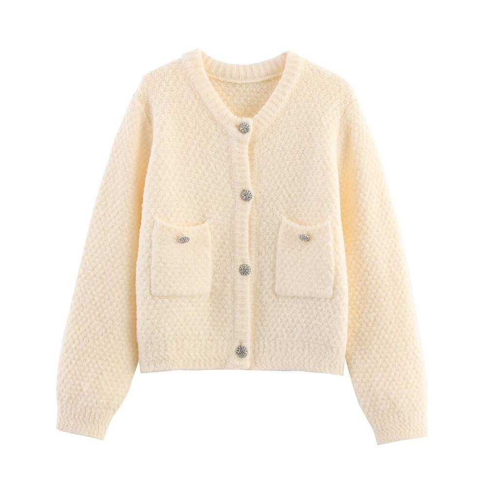 DHEssentials 2025 Autumn New Women's Fashion Wind Diamond Check Pocket Chanel Style Round Neck Knitted Long Sleeve Sweater Coat