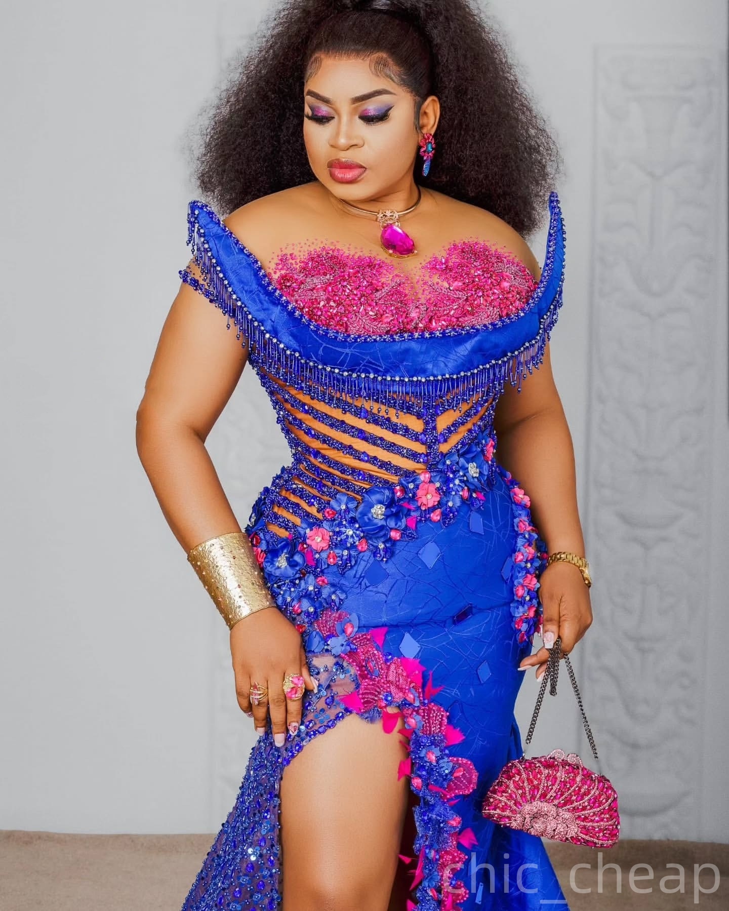 Aso Ebi Royal Blue Mermaid Prom Dresses 2025 Flowers Crystals Tassels Evening Formal Party Second Birthday Engagement Gowns Plus Size Dress For Specia