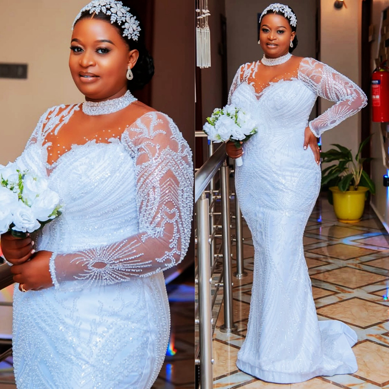 2025 Aso Ebi African Wedding Dress Bridal Gowns For Bride Mermaid High Neck Pearls Illusion Beaded Lace Tires Appliqued Lace Wedding Gowns For Black W