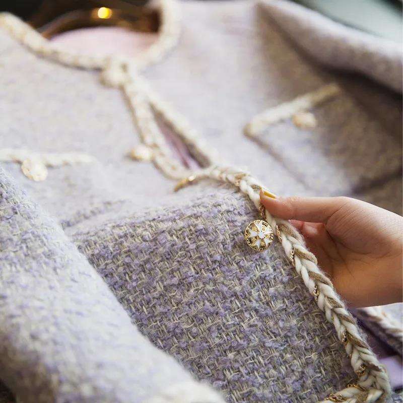 DHEssentials High-End Chanel-Style Lavender Tweed Cardigan Coat for Women 2024 Autumn Winter Short Small Size