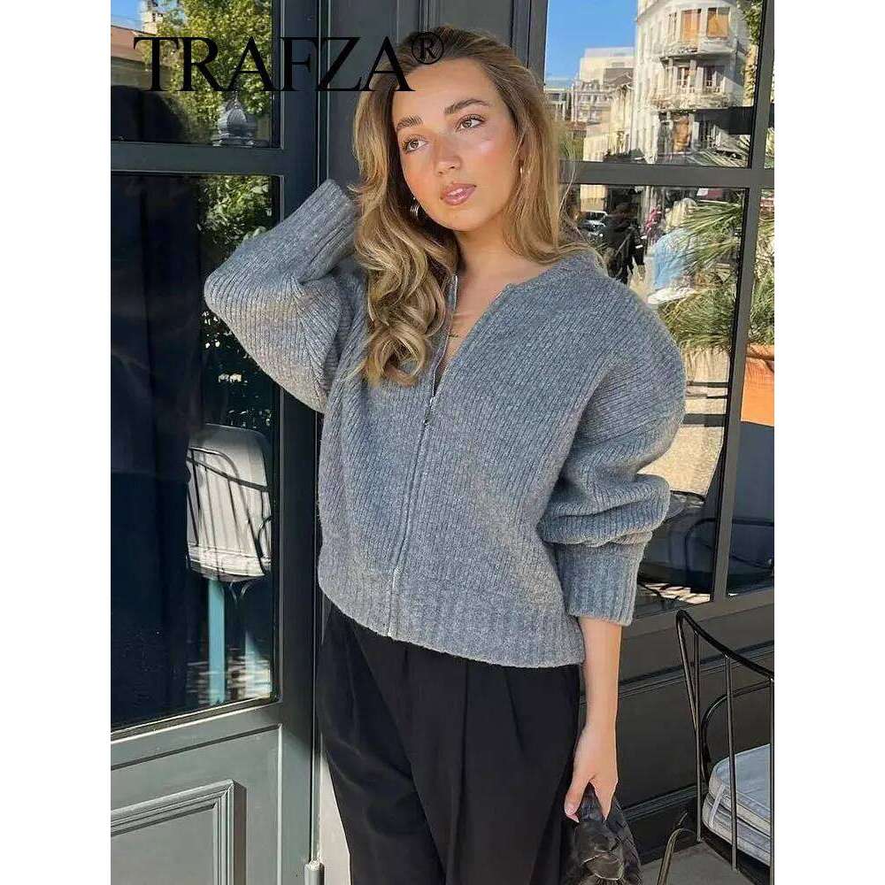 TRAFZA Women Vintage Solid Color Coat Long Sleeve Round Neck Jacket Spring Female Casual Zipper Sweater Coats