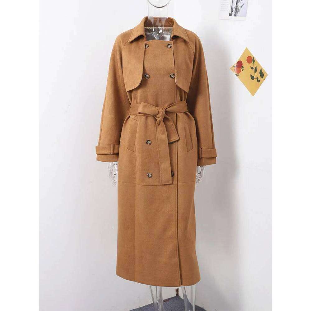 Vintage Suede Long Women's Jacket Casual Lapel Single Breasted Lace Up Coats Jackets Autumn Fashion Women Coat Retro Outerwear