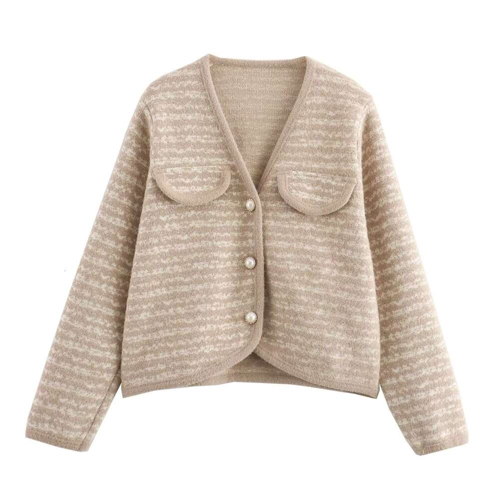 DHEssentials 2025 Autumn New French Style Chanel-inspired Gold Thread V-neck Wave Pattern Knitted Trim Sweater Jacket