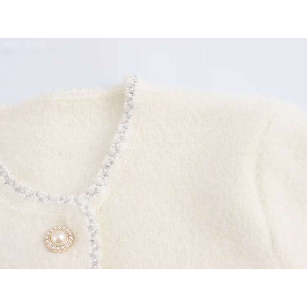DHEssentials 2025 Autumn New French Style Gentle Pearl Shiny Lace Trim Knitted Cardigan Sweater