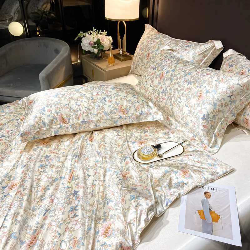 Luxury Floral Silk Bedding Set with Duvet Cover Fitted Flat Bed Sheet Pillowcase Silky Smooth Bed Sheet Sets Twin Full Queen C250912