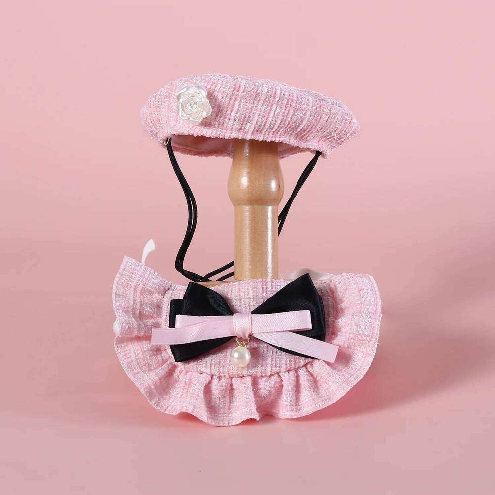 1pc Elegant Pet Princess Outfit Set - Chic Beret, Pearl Bow & Floral Bib for Cats and Small Dogs