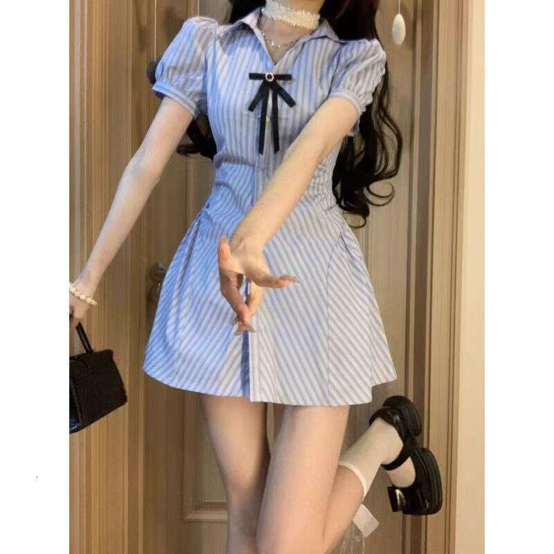 DHEssentials Little Chanel Style Striped Blue for Women Summer Petite Waist Slimming Short Polo Collar Shirt Dress Set