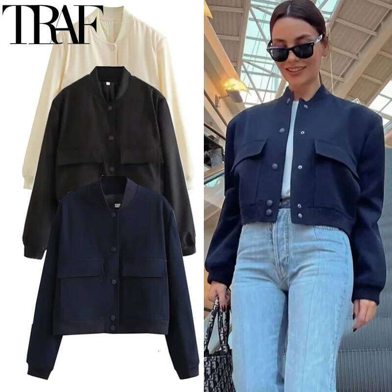 TRAF Women's Demi-Season Cropped Bomber Jackets Woman Spring Autumn Long Sleeve Solid Coats Button Baseball Jacket Women