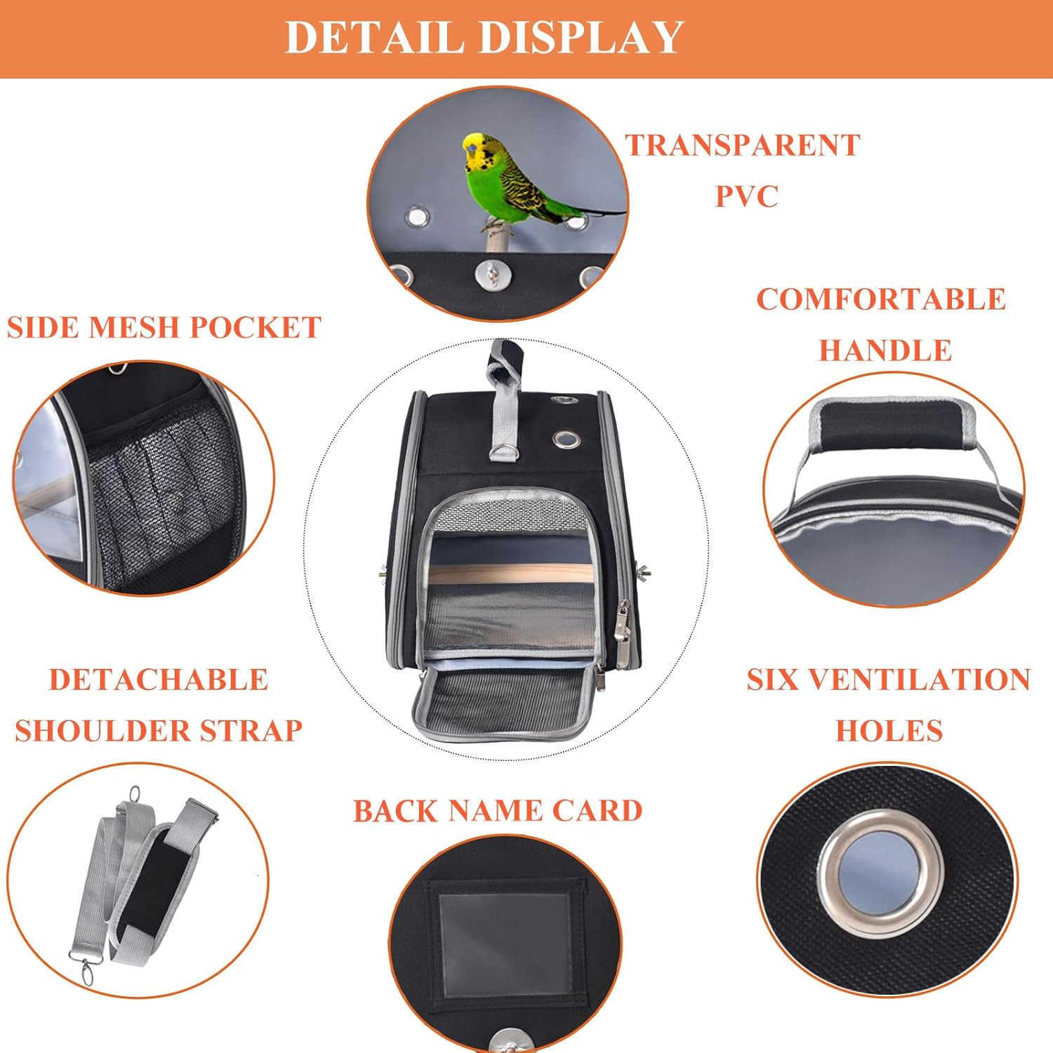 Bird Carrier with Stand Tray Small Bird Travel Cage for Parrot Parakeet Shoulder Strap BlackW250912