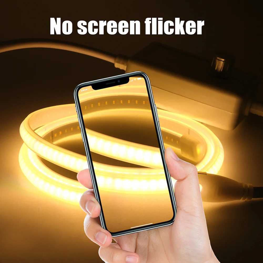 Dimmable COB LED Neon Strip Light with Adhesive Dimmer Power Plug 220V 230V 240LED Flexible Tape Lamp Waterproof Liner Lighting C250912