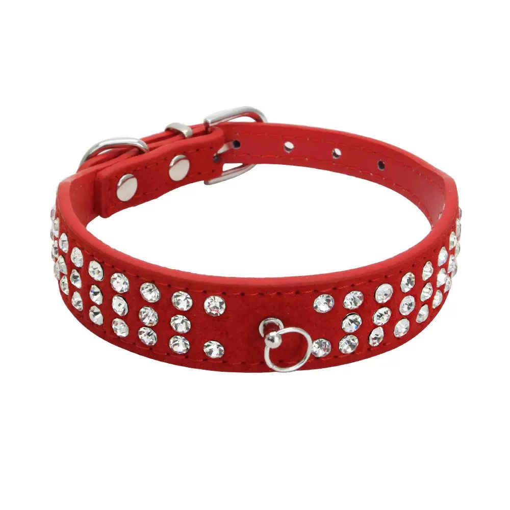 personalized Length Suede Skin Jeweled Rhinestones Pet Dog Collars Three Rows Sparkly Crystal Diamonds Studded Puppy Dog Collar