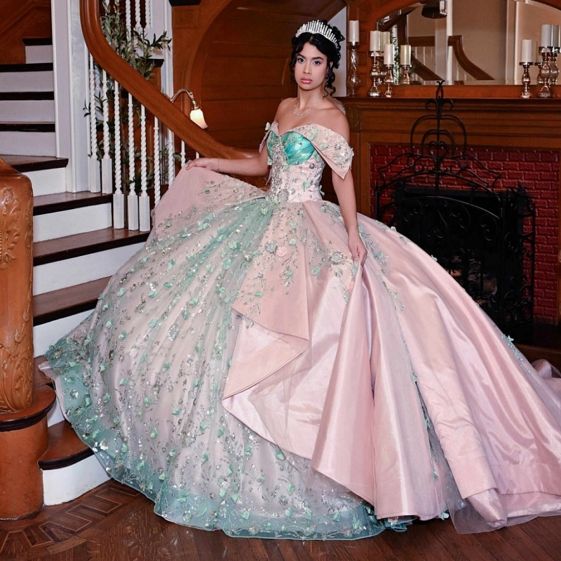 Pink Shiny Ball Gown Quinceanera Dresses Off The Shoulder Sequin Applique Lace Flower Beads Tull Party Birthday Sweet 16 Dress Vestidos 15 De Anos