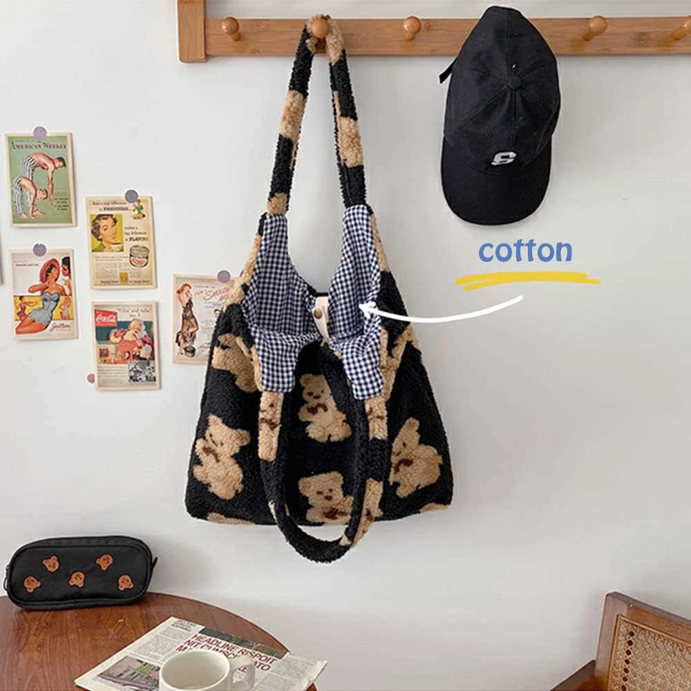 Women Canvas Tote Cute Bear Plush Shoulder Bag Furry Handbag Purse Large Faux Fur Shopping Dating Bag M250912